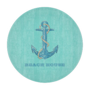 Nautical Beach House,Anchor,Rope,Mint Green Cutting Board