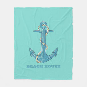 Nautical Beach House,Anchor,Rope,Mint Green     Fleece Blanket