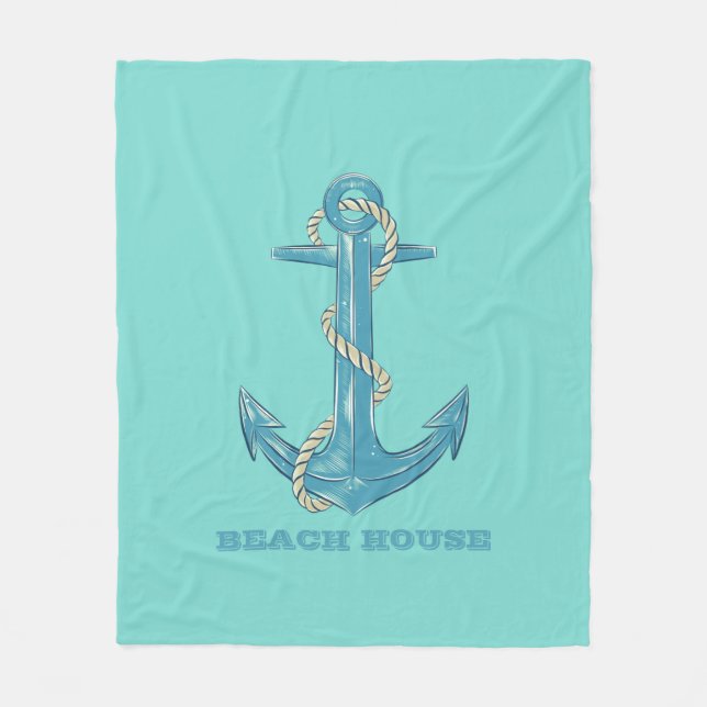 Nautical Beach House,Anchor,Rope,Mint Green     Fleece Blanket (Front)