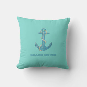 Nautical Beach House,Anchor,Rope,Mint Green  Throw Pillow