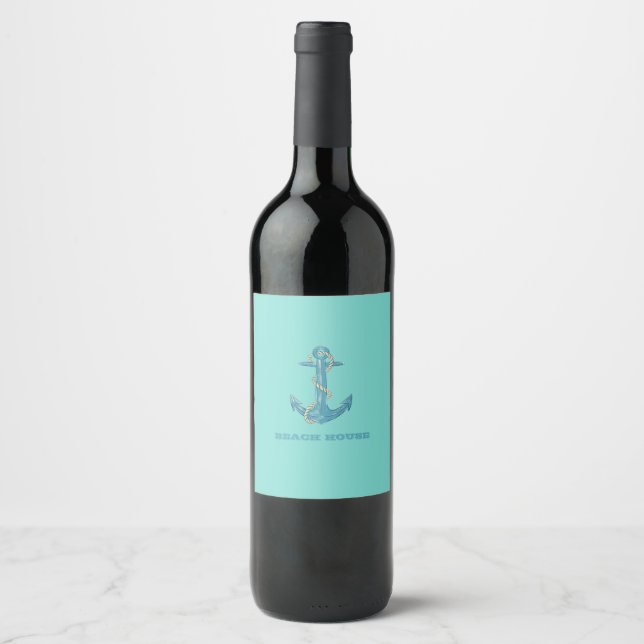 Nautical Beach House,Anchor,Rope,Mint Green  Wine Label (Front)