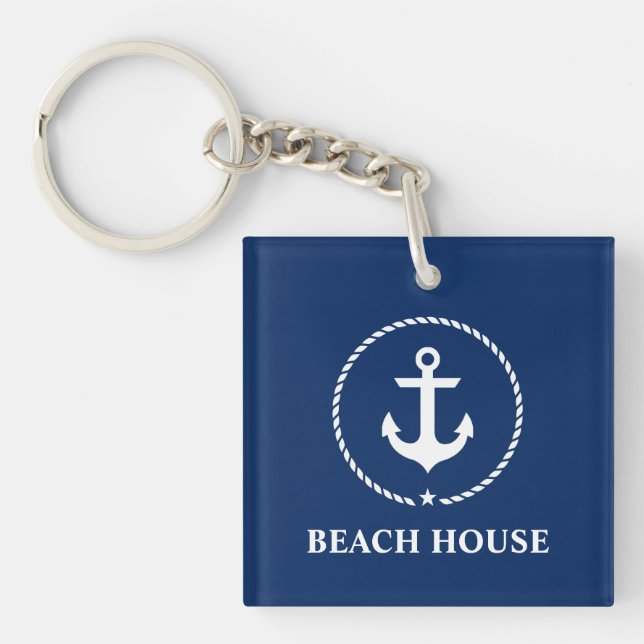 Nautical Beach House Anchor Rope Navy Blue Keychain (Front)