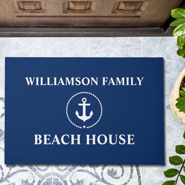 Nautical Beach House Family Name Anchor Blue Large Doormat (Customize to change text size, text style or background color.)