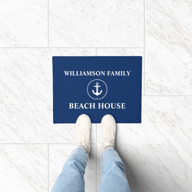 Nautical Beach House Family Name Anchor Navy Blue Doormat (Indoor)