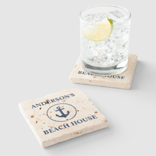 Nautical Beach House Family Name Anchor Travertine Stone Coaster