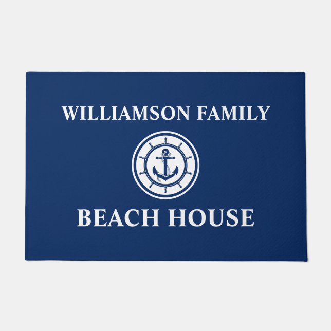 Nautical Beach House Family Name Anchor Wheel Blue Doormat (Front)