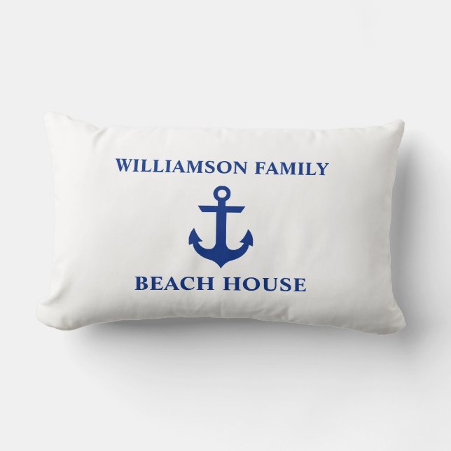 Nautical Beach House Family Name Anchor White Lumbar Pillow (Front)