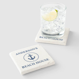 Nautical Beach House Family Name Blue Anchor Stone Coaster