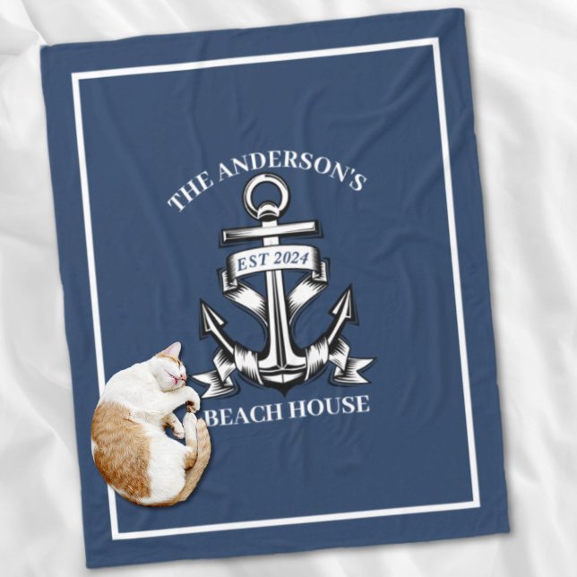 Nautical  Beach House Family Name Est Ship Anchor  Fleece Blanket (Nautical Beach House Family Name Est Ship Anchor Fleece Blanket)