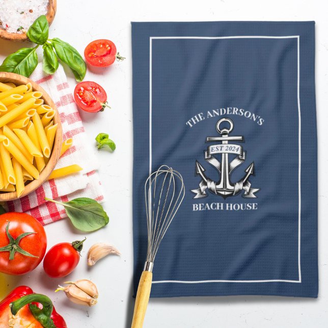 Nautical  Beach House Family Name Est Ship Anchor  Kitchen Towel (Nautical Beach House Family Name Est Ship Anchor Kitchen Towel)