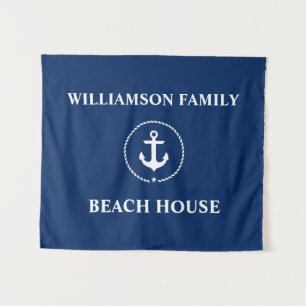 Nautical Beach House Family Name Navy Blue Tapestry