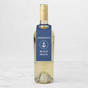 Nautical Beach House Name Anchor Navy Blue Bottle Tag