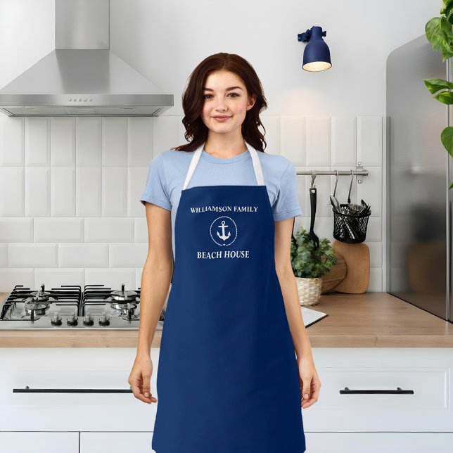 Nautical Beach House Navy Blue Family Name Anchor Apron (Customize to change background color.)