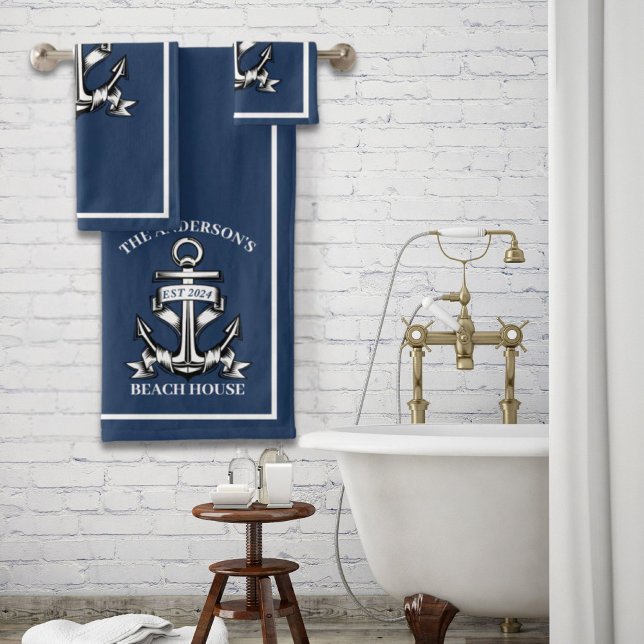 Nautical Beach House Nom de famille Est Ship Ancre (Nautical Beach House Family Name Est Ship Anchor Bath Towel Set)