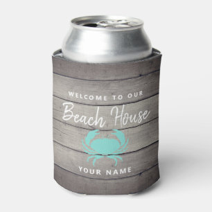 Nautical Beach House Rustic Teal Crab Personalized Can Cooler
