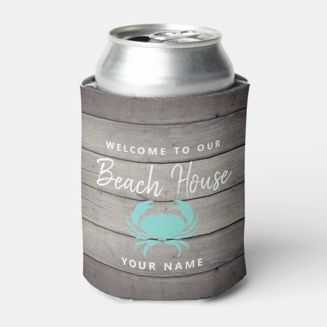 Nautical Beach House Rustic Teal Crab Personalized Can Cooler (Can Front)
