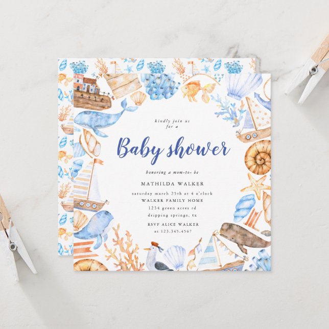 nautical beach illustrations baby shower invitatio invitation (Front/Back In Situ)