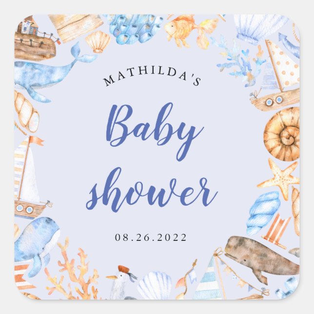 nautical beach illustrations baby shower square st sticker (Front)