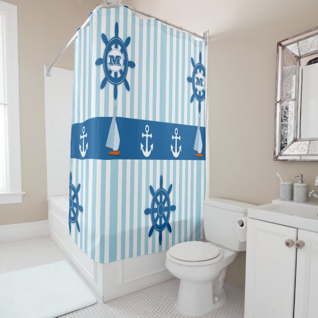 Nautical Beach Monogram Anchor Blue White Stripe (In Situ)