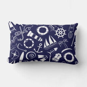 Nautical Beach Navy Blue White Sailor Lighthouse Lumbar Pillow