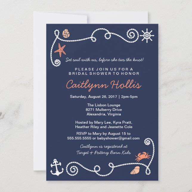 Nautical Beach Navy & Coral Bridal or Baby Shower Invitation (Front)