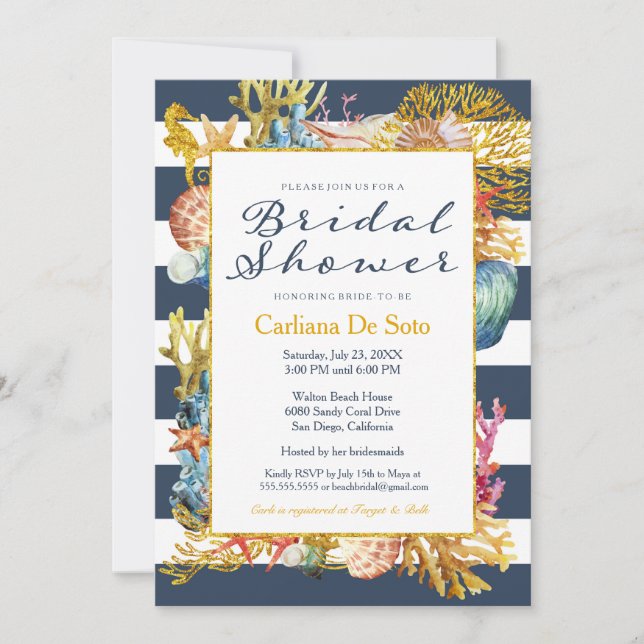 Nautical Beach, Navy Gold Glitter - Bridal Shower Invitation (Front)
