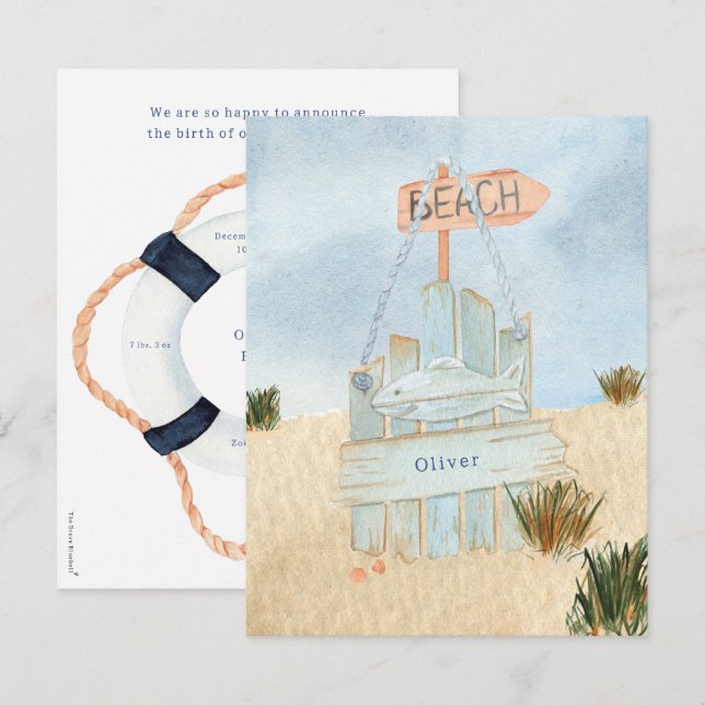 Nautical Beach Ocean Lifebuoy Birth Announcement (Front/Back)