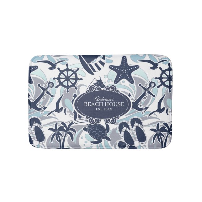 Nautical Beach Pattern Navy ID839 Bath Mat (Front)