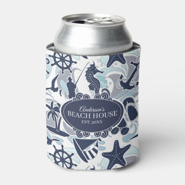 Nautical Beach Pattern Navy ID839 Can Cooler (Can Front)