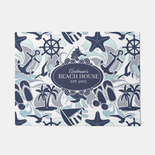 Nautical Beach Pattern Navy ID839 Doormat (Front)
