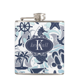 Nautical Beach Pattern Navy ID839 Flask
