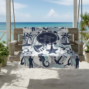 Nautical Beach Pattern Navy ID839 Fleece Blanket