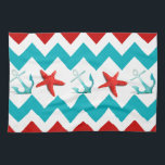 Nautical Beach Red Teal Chevron Anchors Starfish Kitchen Towel<br><div class="desc">Nautical Beach Red Teal Chevron Anchors Starfish with red and turquoise chevron stripes with teal turquoise blue anchors and bright red starfish centred in the middle of the chevron pattern. 

 "nautical" "beach theme" "summer" "anchor" "starfish" "seaside" "ocean" "seashore" "chevron" "patterns" "teal" "turquoise" "turquoise and red" "blue and red"</div>