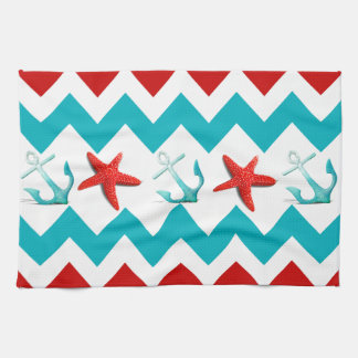 Nautical Beach Red Teal Chevron Anchors Starfish Kitchen Towel