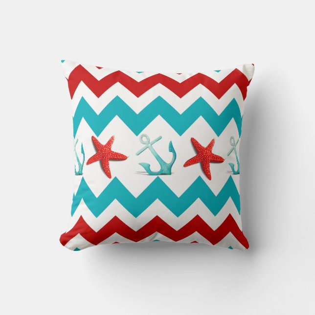 Nautical Beach Red Teal Chevron Anchors Starfish Throw Pillow (Front)