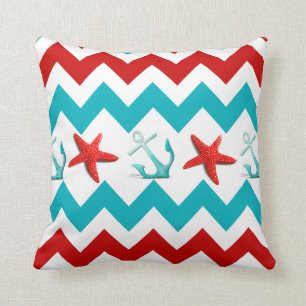 Nautical Beach Red Teal Chevron Anchors Starfish Throw Pillow