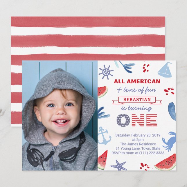 Nautical / Beach Red White Blue 1st Birthday Photo Invitation (Front/Back)