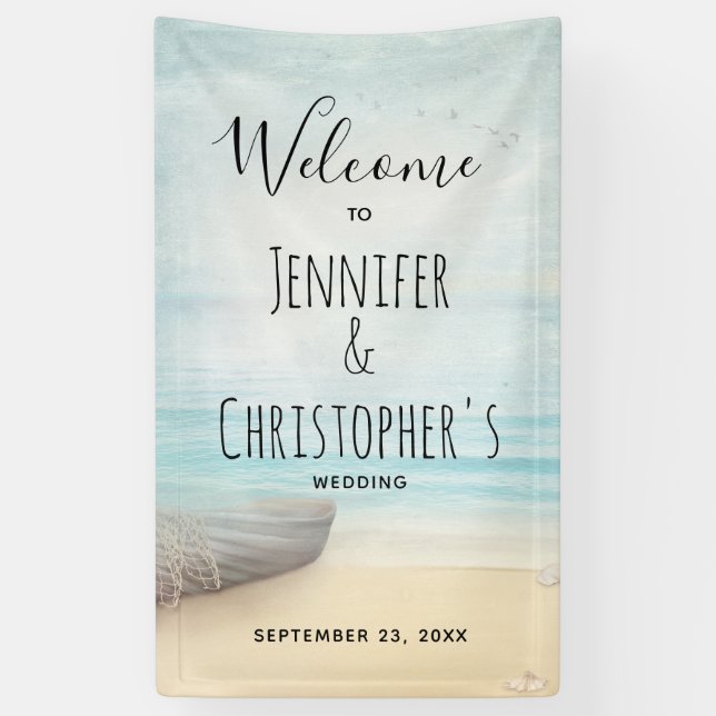 Nautical Beach Scene Coastal Theme Wedding Banner (Vertical)
