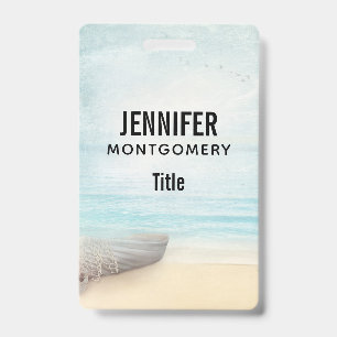 Nautical Beach Scene with Rowboat & Fishing Net Badge