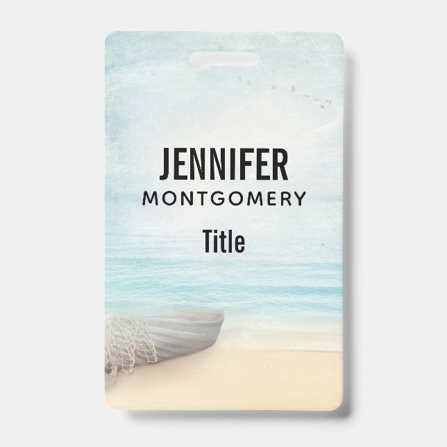 Nautical Beach Scene with Rowboat & Fishing Net Badge (Front)