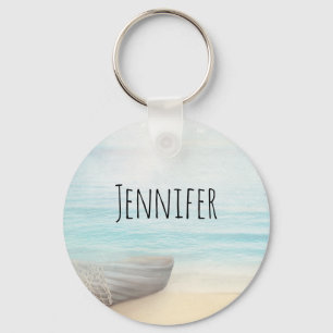  Nautical Beach Scene with Rowboat & Fishing Net Keychain