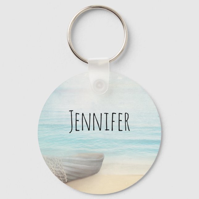  Nautical Beach Scene with Rowboat & Fishing Net Keychain (Front)