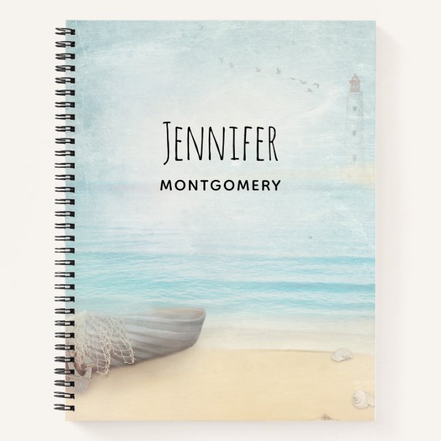 Nautical Beach Scene with Rowboat & Fishing Net Notebook (Front)