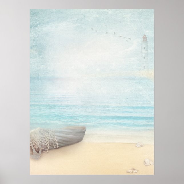 Nautical Beach Scene with Rowboat & Fishing Net Poster (Front)