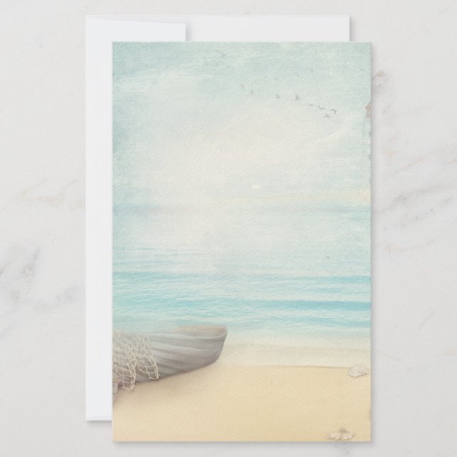 Nautical Beach Scene with Rowboat & Fishing Net Stationery (Front)