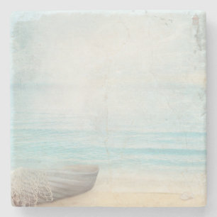 Nautical Beach Scene with Rowboat & Fishing Net Stone Coaster