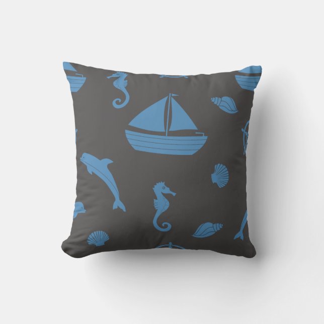 Nautical Beach Seahorse and Shells Throw Pillow (Front)