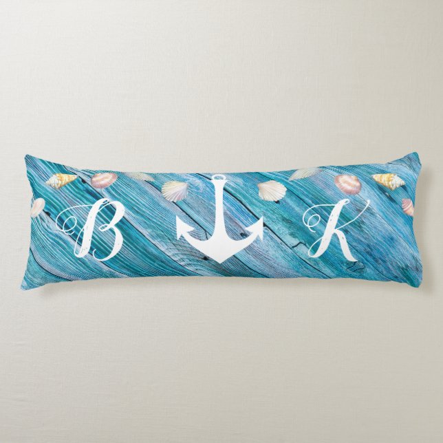 Nautical Beach Shells Monogrammed Blue Wood Body P Body Pillow (Front)