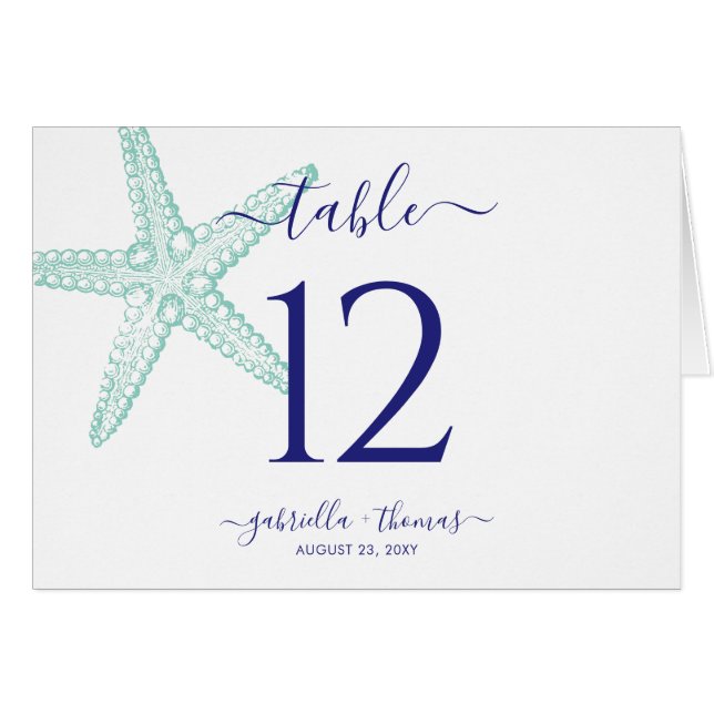Nautical Beach Starfish Teal Blue Table Number (Front Horizontal)