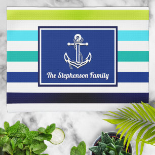 Nautical Beach Stripes Family Name Personalized Kitchen Towel